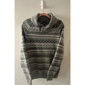 Old Navy Fair Isle Shawl Collar Sweater Gray Knit Pullover Men’s Medium